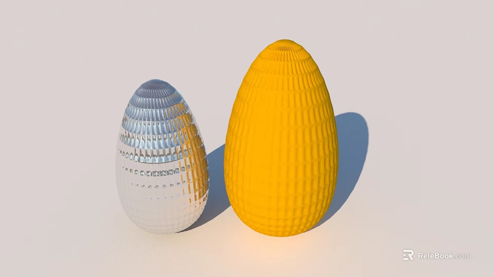 Intricately Carved Egg Shaped Sculptures In Silver And Yellow Textured Design 3d model 