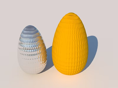 Intricately Carved Egg Shaped Sculptures In Silver And Yellow Textured Design 3d model