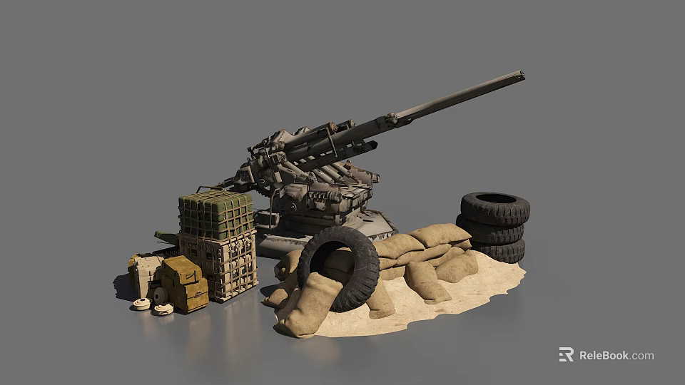 Military Tank With Sandbags Stacked Tires And Ammunition Crates In Battlefield Setup 3d model 