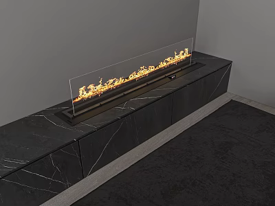 Modern Black Marble Built in Fireplace With Realistic Flame Effect And Cabinets 3d model