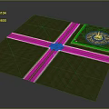 Crossroad Intersection Green Grass Circular Area With Monument And Small Figure