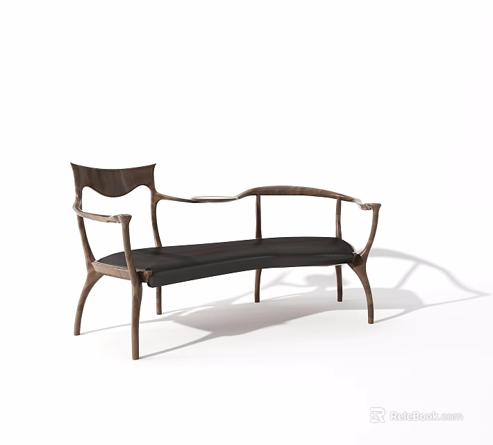 Elegant Wooden Frame Leisure Chair With Black Cushion And Curved Armrests 3d model 