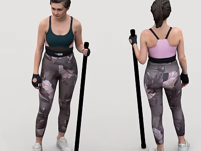 Female Fitness Enthusiasts In Patterned Leggings And Sport Bras Training With Black Fitness Sticks 3d model