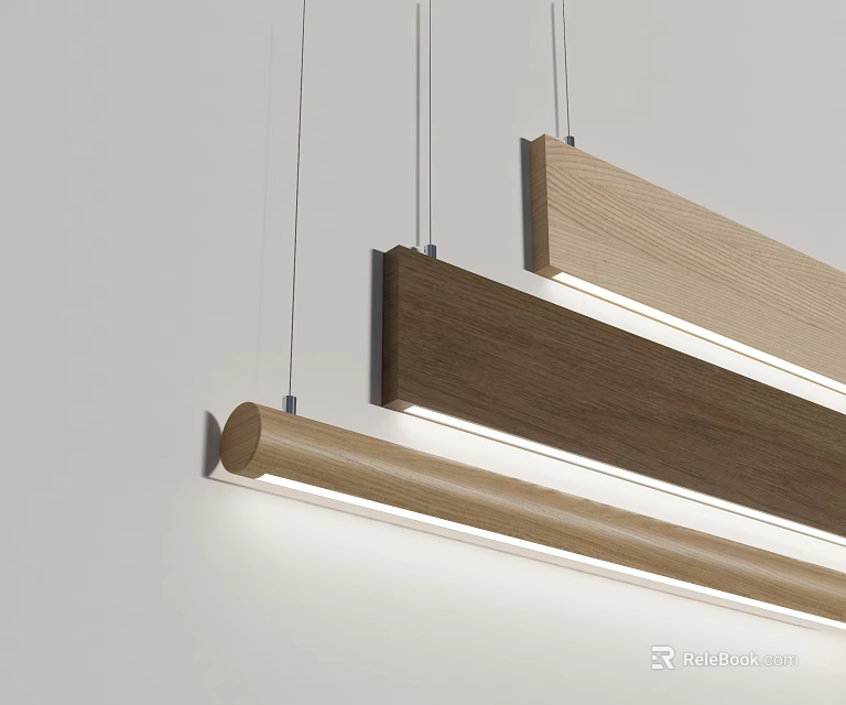 Modern Wooden Long Pendant Lights With LED Glow Hanging On White Wall 3d model 