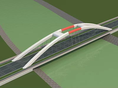 Modern White Arch Bridge With Red Accents And Roadway Over Water 3d model