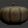 Pumpkin Shaped Ceramic Container With Decorative Lid Blue Lines And Floral Patterns