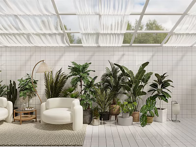 Villa Balcony With Lush Green Plants White Curtains White Tile Walls And White Sofa Chairs 3d model