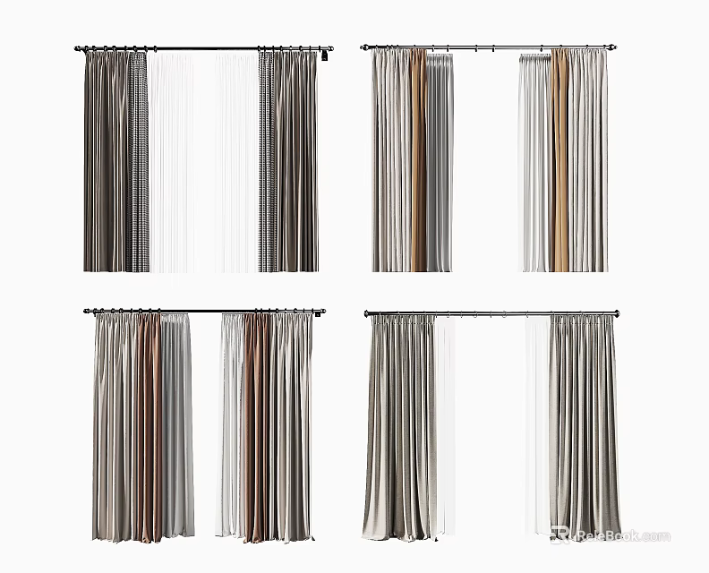 Various Styles Curtains Featuring Striped Patterns Sheer And Solid Fabric Combinations 3d model 