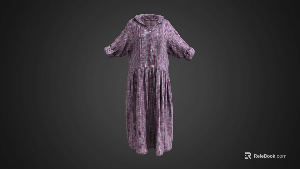 Women's Plaid Purple White Collared Dress with Three Quarter Sleeves and Loose Fit 3d model 