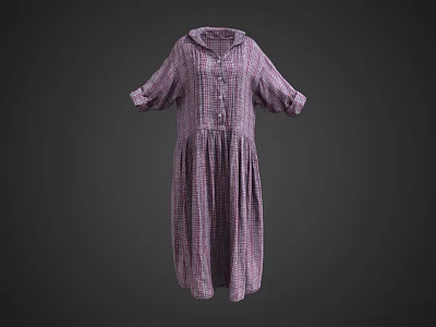 Women's Plaid Purple White Collared Dress with Three Quarter Sleeves and Loose Fit 3d model