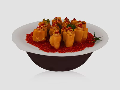 Yellow Food Items Served On White Plate With Red Garnish And Green Herbs 3d model