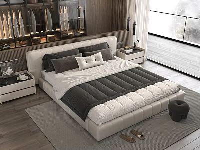 Modern Bedroom Interior With Double Bed White Leather Headboard Gray White Bedding And Nightstands 3d model