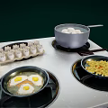 Kitchen Stove With Fried Eggs Corn Kernels Boiled Eggs And Dumplings Cooking 3d model