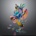 Colorful Character Riding Vibrant Fish Creature With Feather Staff And Small Fish