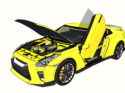 Yellow Sports Car Featuring Open Doors Hood And Visible Engine Components 3d model
