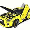 Yellow Sports Car Featuring Open Doors Hood And Visible Engine Components