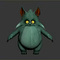 Green Reptile Character With Yellow Eyes Red Ears And Fluffy Body On Gray Background