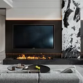 Modern Duplex Living Room Interior With Chandelier Fireplace And Art Mural