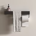 Wall Mounted Bathroom Essentials With Black Shelf Soap Dispenser Gray Towel And Toilet Paper Roll
