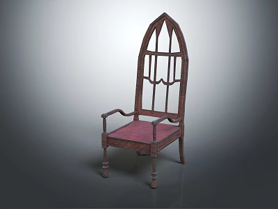 Vintage Wooden Leisure Chair With Arched Backrest And Red Upholstered Seat 3d model