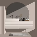 Modern Bathroom Vanity With Round Backlit Mirror White Countertop Drawers Toiletries And Vase On Top