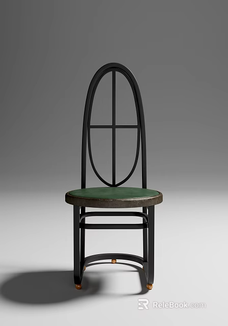 Modern Minimalist Dining Chair With Black Frame Oval Backrest And Green Leather Seat 3d model 