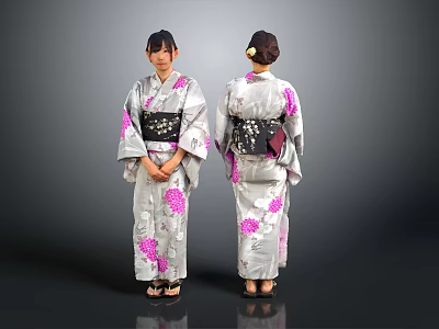 Women Wearing Traditional Kimono With Pink Floral Pattern And Black Obi Front Back View 3d model