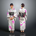 Women Wearing Traditional Kimono With Pink Floral Pattern And Black Obi Front Back View
