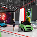 Automobile Exhibition Booth Featuring Car Display LED Screens Red Blue Cars and Modern Design