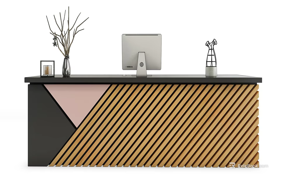 Modern Reception Desk With Black Surface Pink Triangular Detail Wooden Diagonal Stripes Monitor And Vase 3d model 