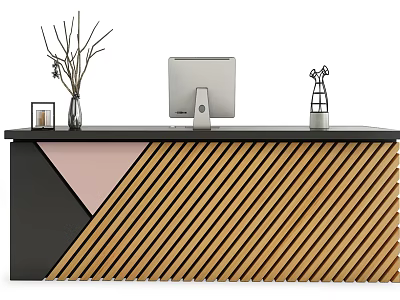 Modern Reception Desk With Black Surface Pink Triangular Detail Wooden Diagonal Stripes Monitor And Vase 3d model