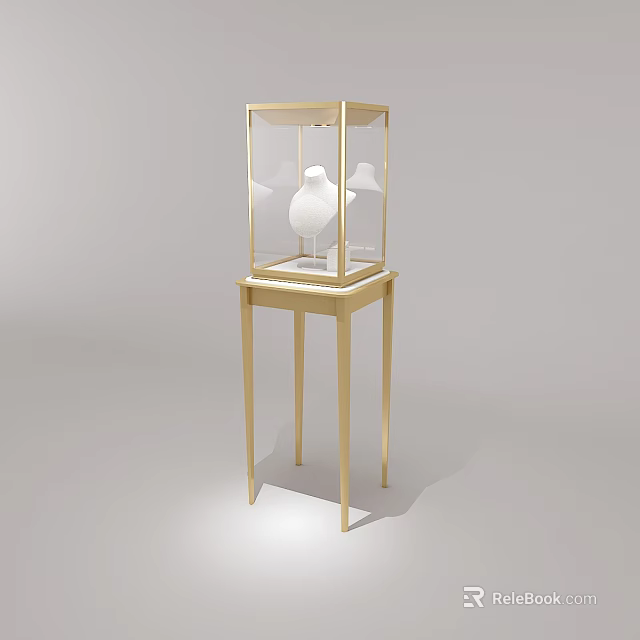 Jewelry Store Display With Golden Case Transparent Glass And White Jewelry 3d model 