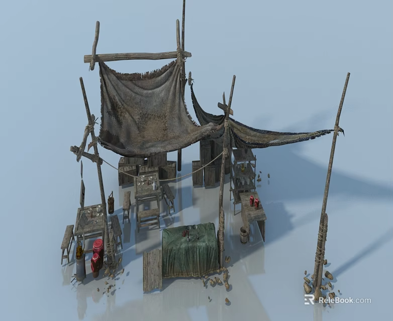 Rustic Swing Door Structure In Simple Stall With Worn Cloth Awning And Wooden Frames 3d model 