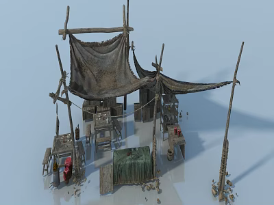 Rustic Swing Door Structure In Simple Stall With Worn Cloth Awning And Wooden Frames 3d model