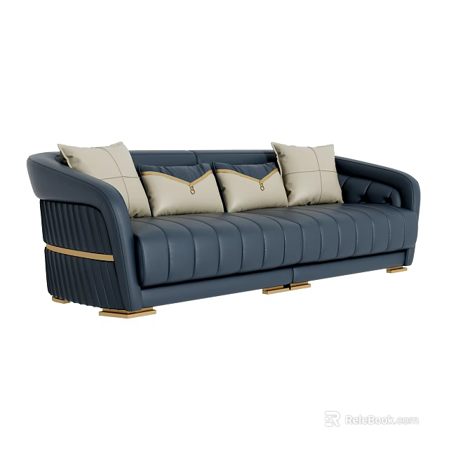 Navy Blue Sectional Sofa With Beige Cushions And Gold Legs Modern Design 3d model 