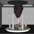 Indoor Interior Landscape Featuring Black Cracked Stone Red Light Silver Tubes Green Moss Purple Flowers