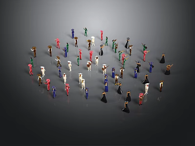Colorful Miniature Figurines Arranged In Circular Formation On Gray Background 3d model