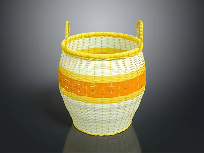 Yellow Handle Wicker Storage Basket With Orange Yellow Stripes And Woven Design 3d model