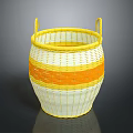 Yellow Handle Wicker Storage Basket With Orange Yellow Stripes And Woven Design