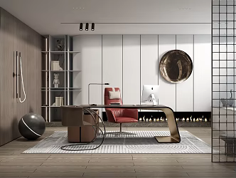 Modern Office General Manager Office Desk Chair Bookcase Wall Lamp 3d model