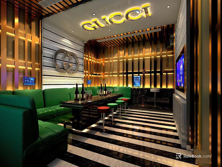 Modern KTV Lounge Interior With Green Sofas Black White Striped Flooring And Golden Decor 3d model 