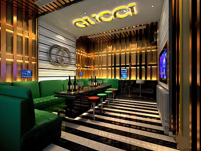Modern KTV Lounge Interior With Green Sofas Black White Striped Flooring And Golden Decor 3d model