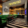 Modern KTV Lounge Interior With Green Sofas Black White Striped Flooring And Golden Decor