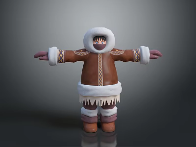Traditional Brown Hooded Coat With White Fur Trim Cuffed Details And Warm Brown Boots 3d model
