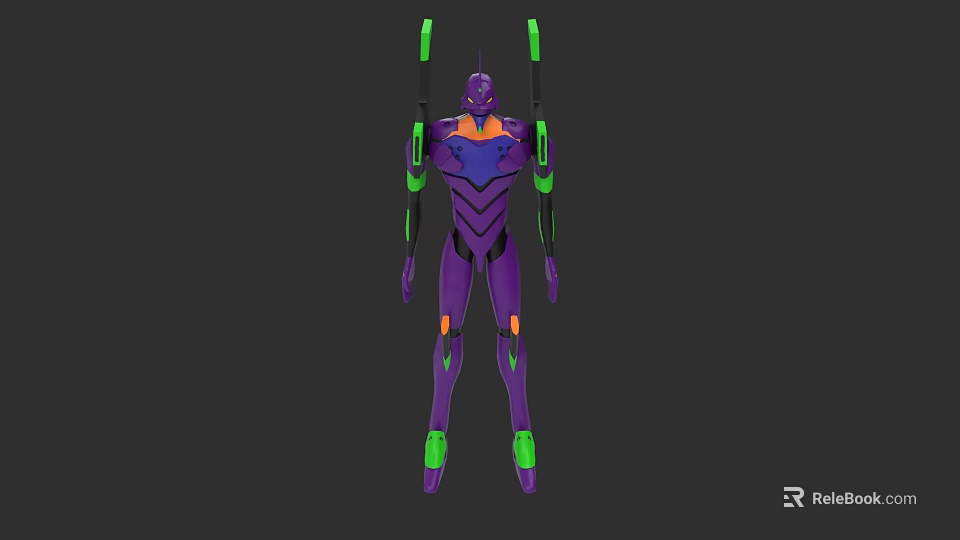 Purple Humanoid Robot Game Movie Character With Green Accents And Orange Details 3d model 