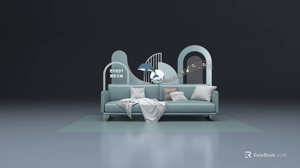 Light Blue Sofa With Pillows And Blanket In Modern Geometric Decor Setting 3d model 