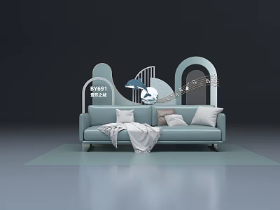 Light Blue Sofa With Pillows And Blanket In Modern Geometric Decor Setting 3d model