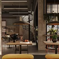 Modern Industrial Café Interior With Green Plants And Wooden Furniture