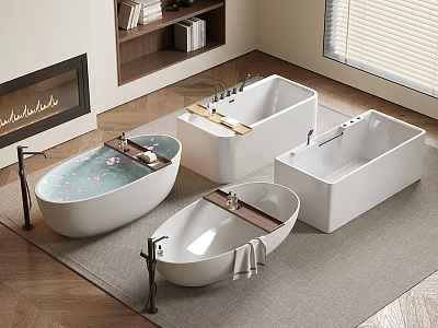Modern Bathroom Interior Featuring Four Freestanding Bathtubs With Faucets And Wooden Shelves 3d model