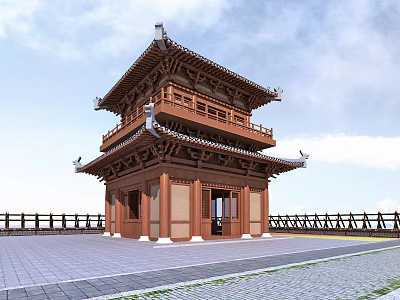 Ancient Chinese Traditional Architecture Tower With Wooden Structure Overhanging Eaves And Stone Paved Ground 3d model